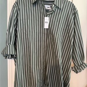 Ann Taylor Olive Green & White Vertical Stripe Button-Front Blouse